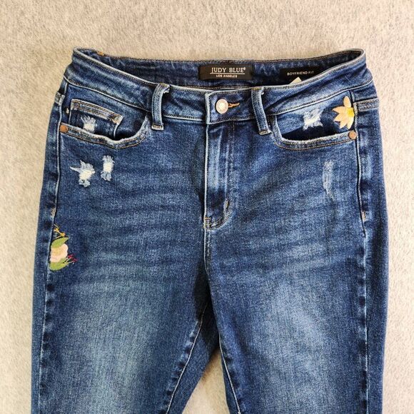 Judy Blue Jeans Womens 27 Blue Floral Embroidered High Rise Boyfriend Flowers - Picture 2 of 16